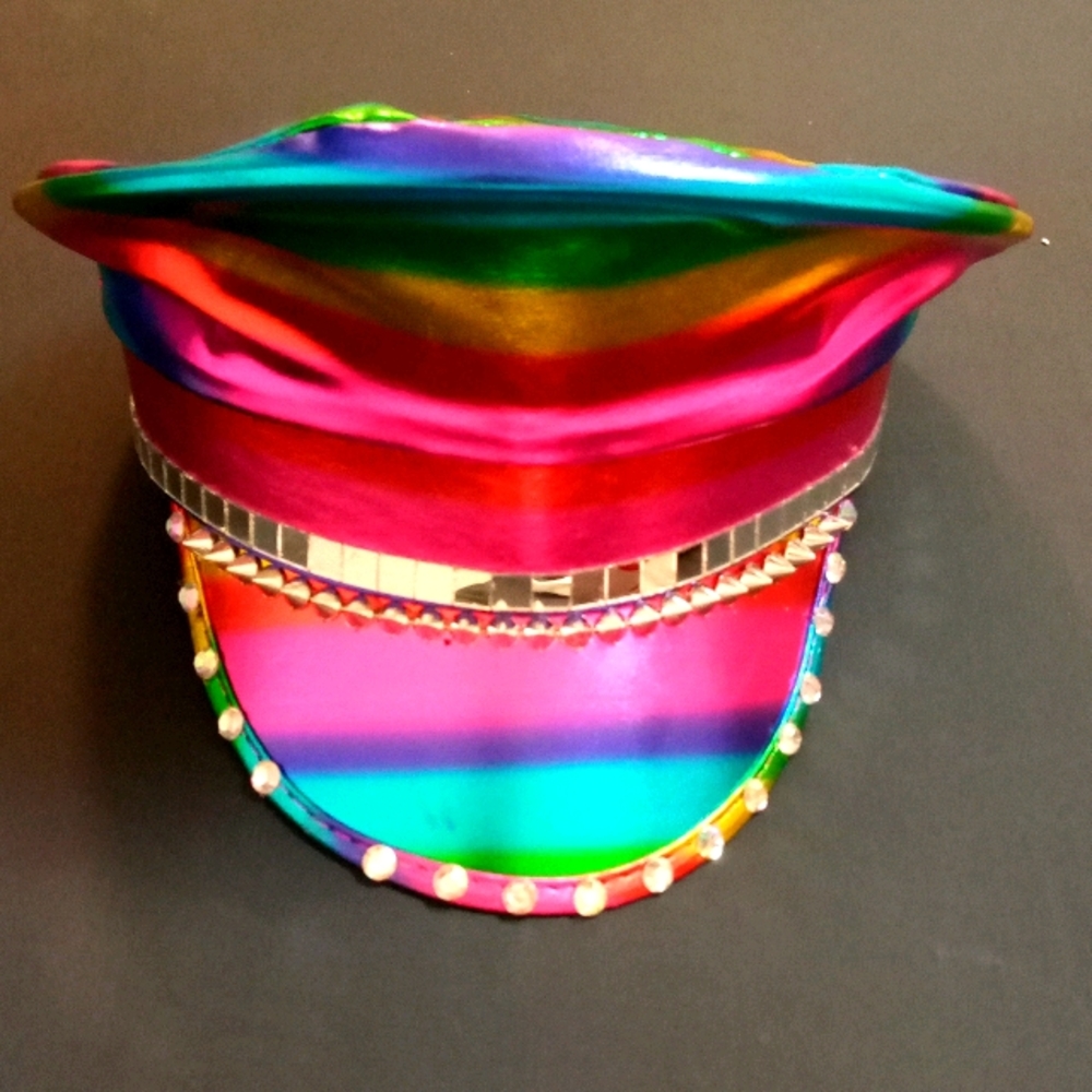 RAINBOW FLOPPY HAT WITH MIRROR AND STUDDED DETAILS